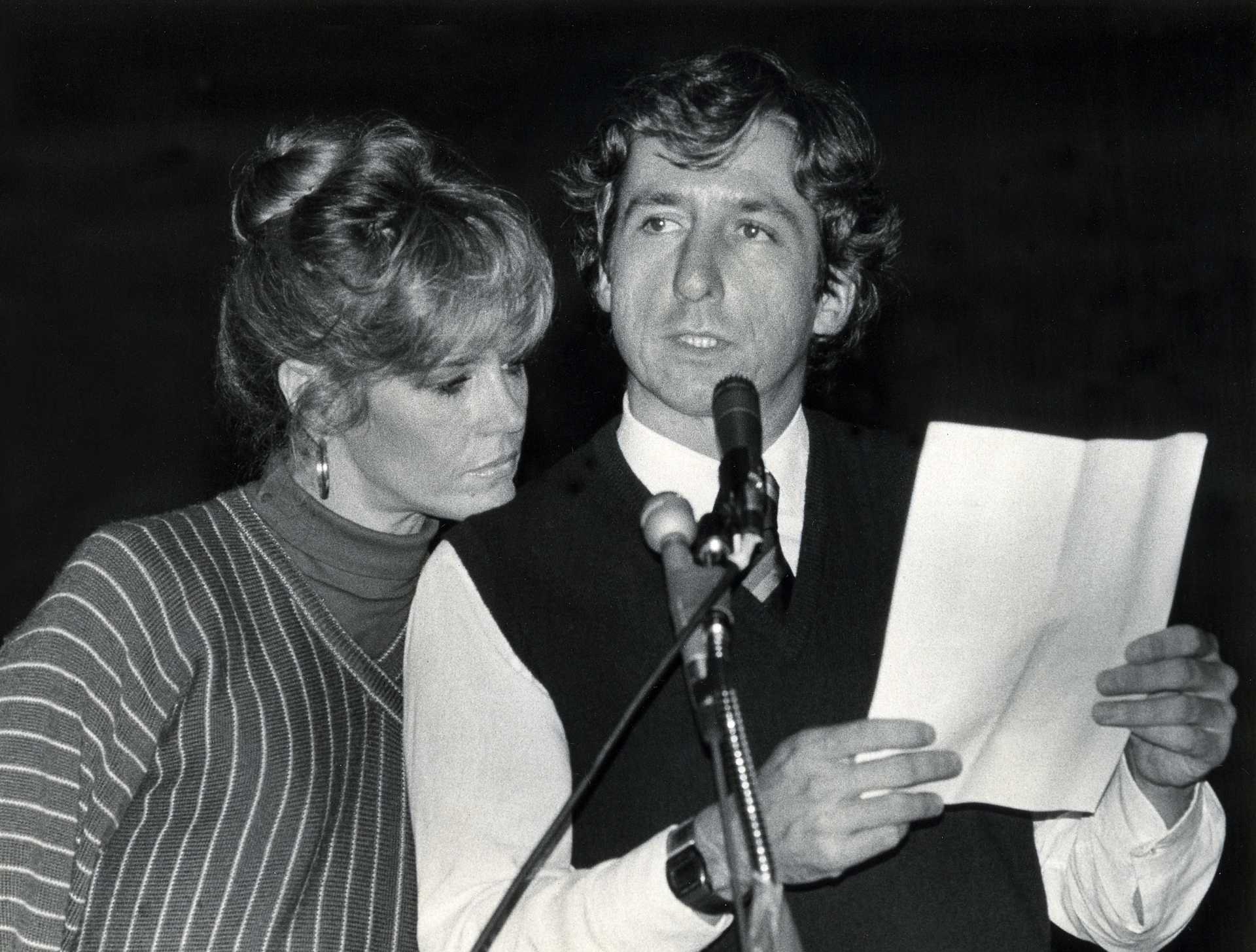 Actress Jane Fonda at a press conference with political activist Tom Hayden, her second husband. 1979