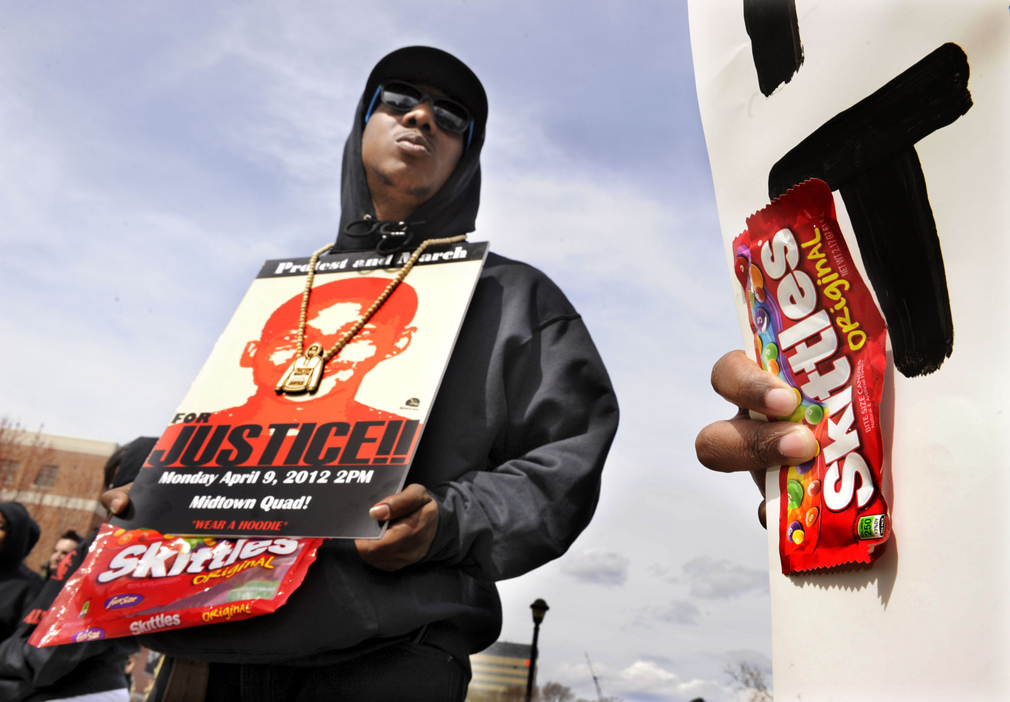 A University student takes part in a silent protest on campus, to remember Trayvon Martin, the Florida youth killed by a neighborhood watch coordinator. He was carrying Skittles when he was shot.