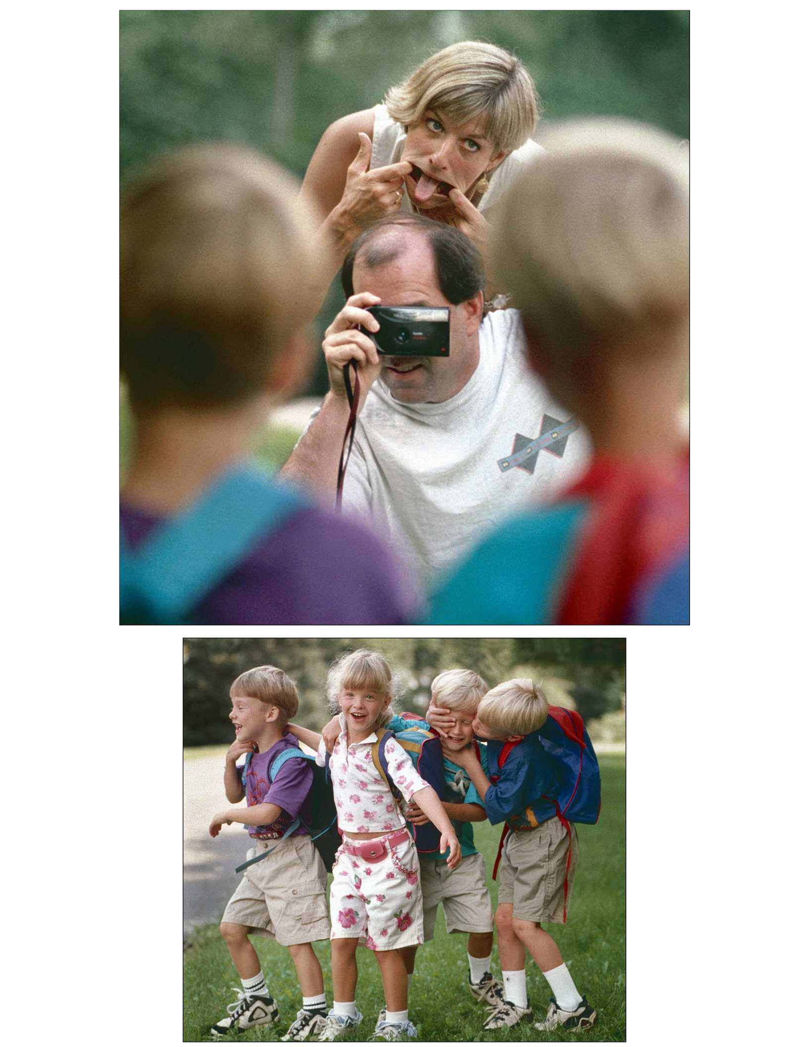 Andree and Mark Fitzgerald take photos of their quadruplets as they wait for the bus on the first day of Kindergarten. 